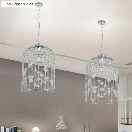 Bird Cage Pendant Chandelier With Crystal Bead Deco Dining Room Lighting Silver / 12