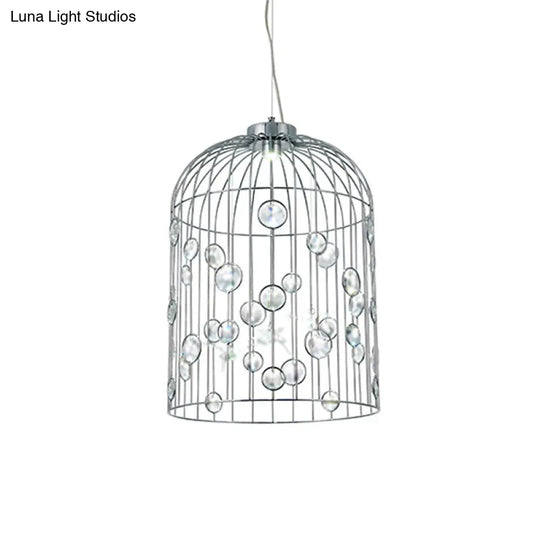 Crystal Bead Pendant Chandelier With Metal Bird Cage Design For Dining Room Lighting