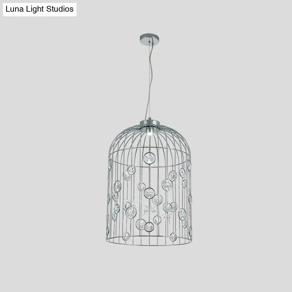 Crystal Bead Pendant Chandelier With Metal Bird Cage Design For Dining Room Lighting