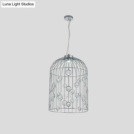 Crystal Bead Pendant Chandelier With Metal Bird Cage Design For Dining Room Lighting