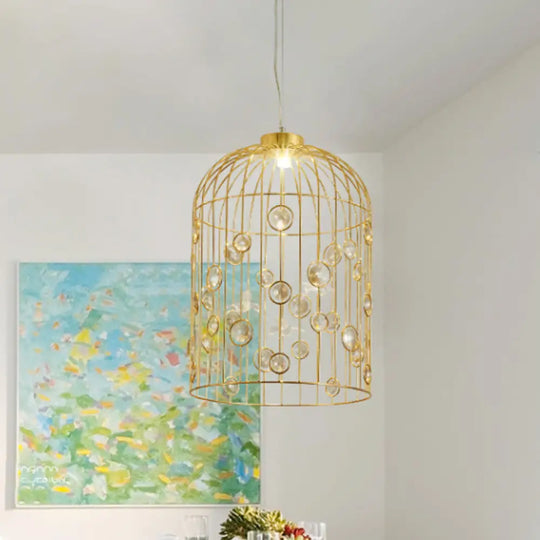 Crystal Bead Pendant Chandelier With Metal Bird Cage Design For Dining Room Lighting Gold / 12’