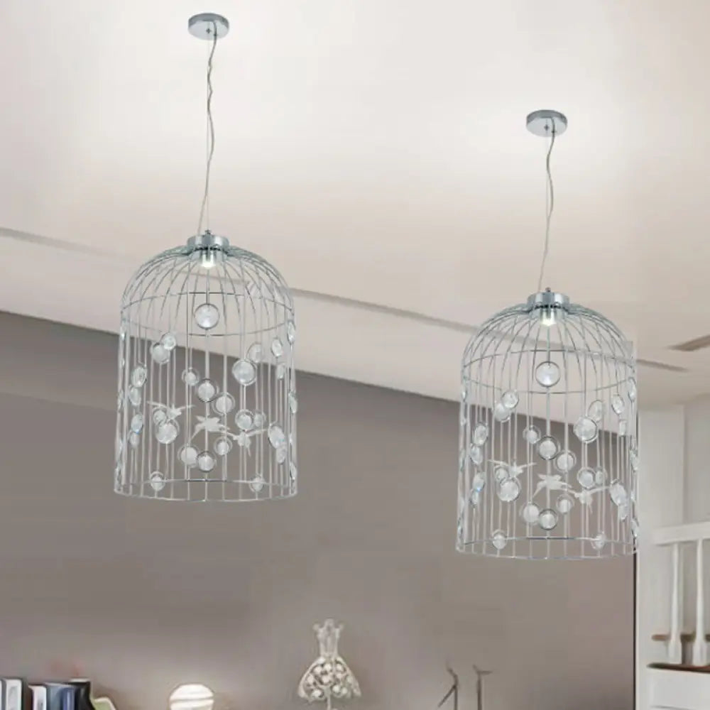 Crystal Bead Pendant Chandelier With Metal Bird Cage Design For Dining Room Lighting Silver / 12’