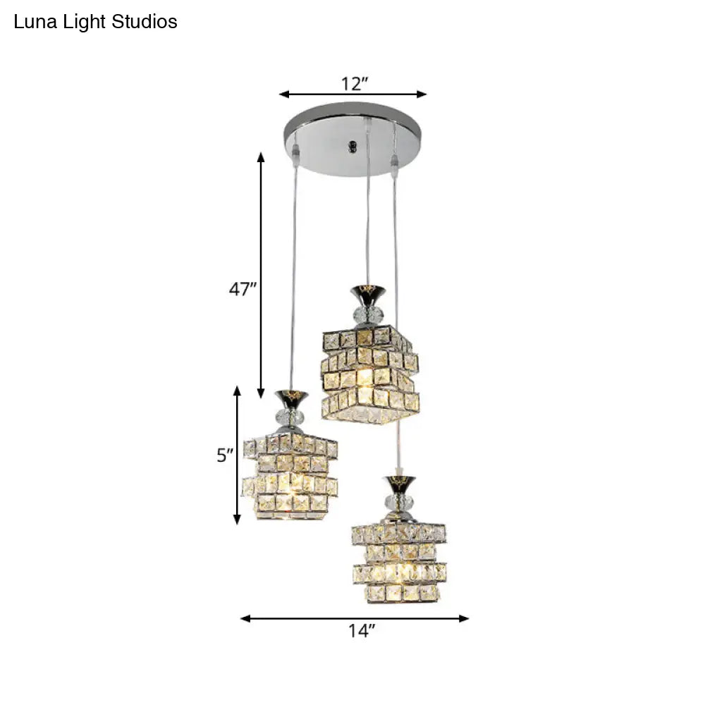 Sleek 3-Head Crystal Block Pendant Lamp - Modern 4-Layer Design Silver Finish Multi Ceiling Light