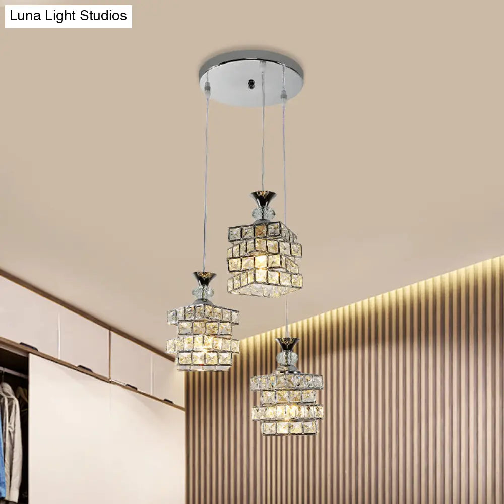 Sleek 3-Head Crystal Block Pendant Lamp - Modern 4-Layer Design Silver Finish Multi Ceiling Light