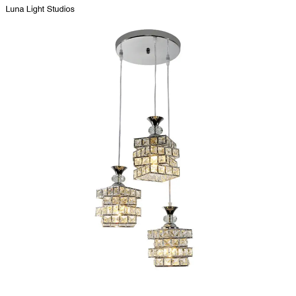 Sleek 3-Head Crystal Block Pendant Lamp - Modern 4-Layer Design Silver Finish Multi Ceiling Light