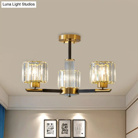 Crystal Block Ceiling Light With 3/6 Semi-Mounted Cylinder Lights In Black And Gold