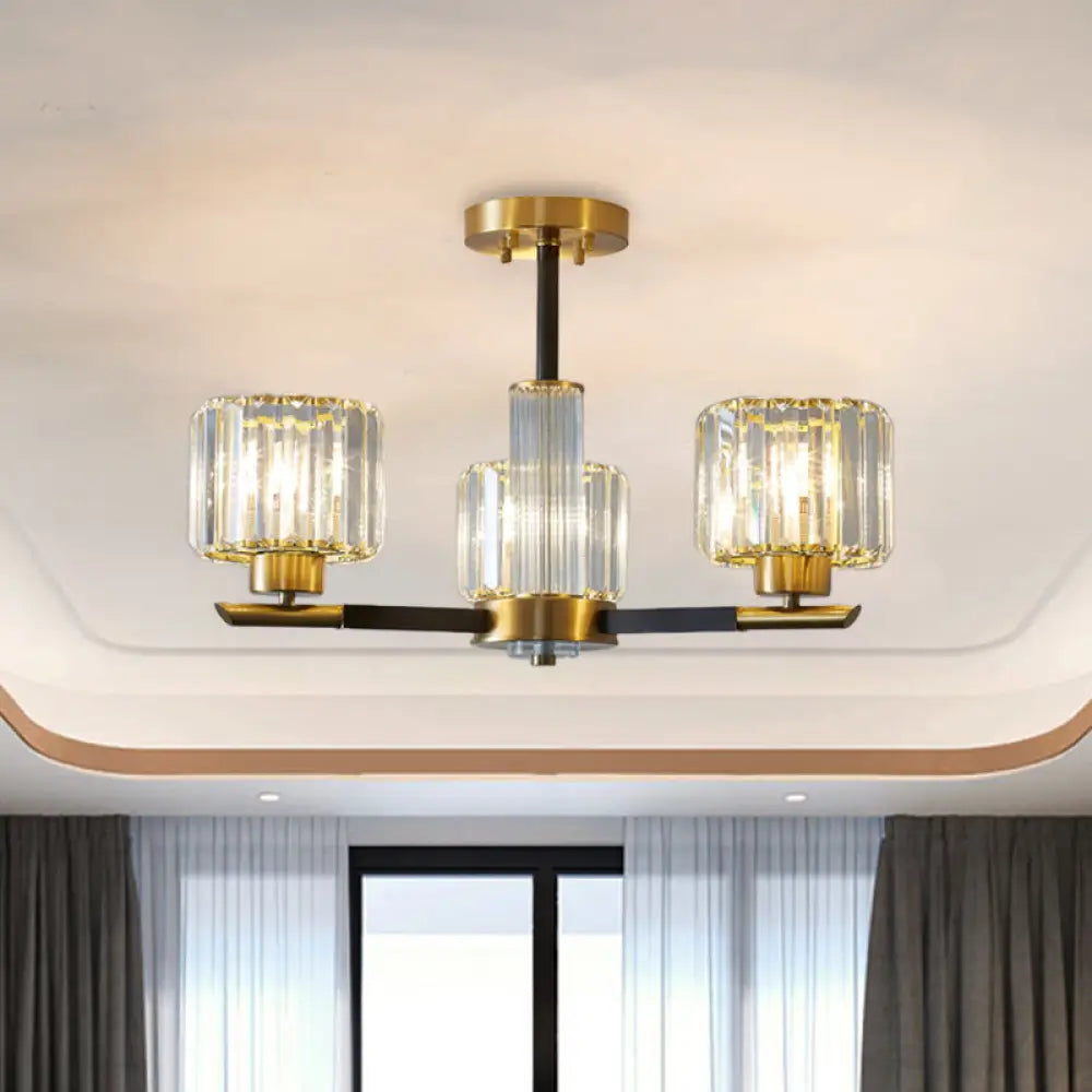 Crystal Block Ceiling Light With 3/6 Semi - Mounted Cylinder Lights In Black And Gold 3 / Black -