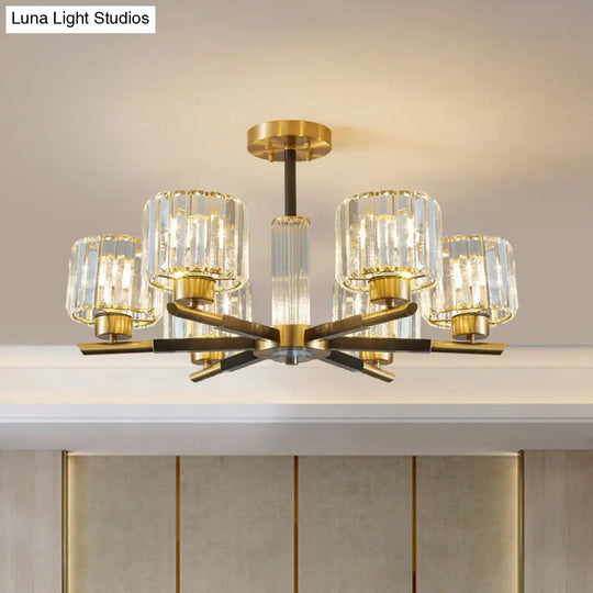 Crystal Block Ceiling Light With 3/6 Semi-Mounted Cylinder Lights In Black And Gold 6 / Black-Gold