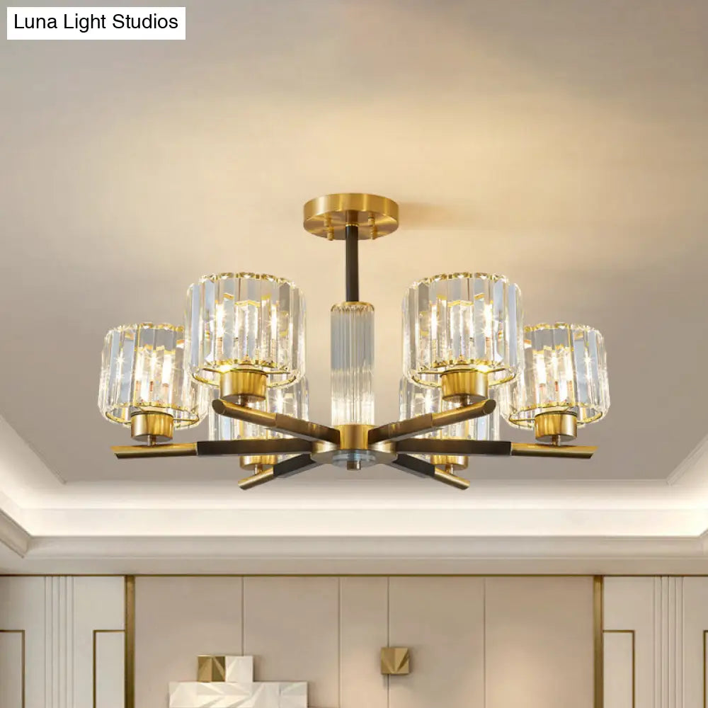 Crystal Block Ceiling Light With 3/6 Semi-Mounted Cylinder Lights In Black And Gold