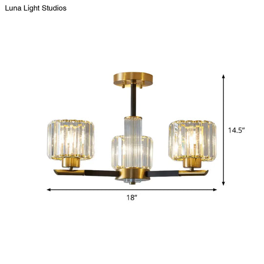 Crystal Block Ceiling Light With 3/6 Semi - Mounted Cylinder Lights In Black And Gold