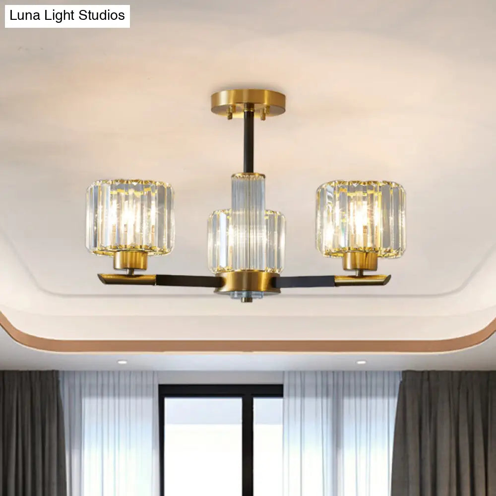 Crystal Block Ceiling Light With 3/6 Semi-Mounted Cylinder Lights In Black And Gold 3 / Black-Gold