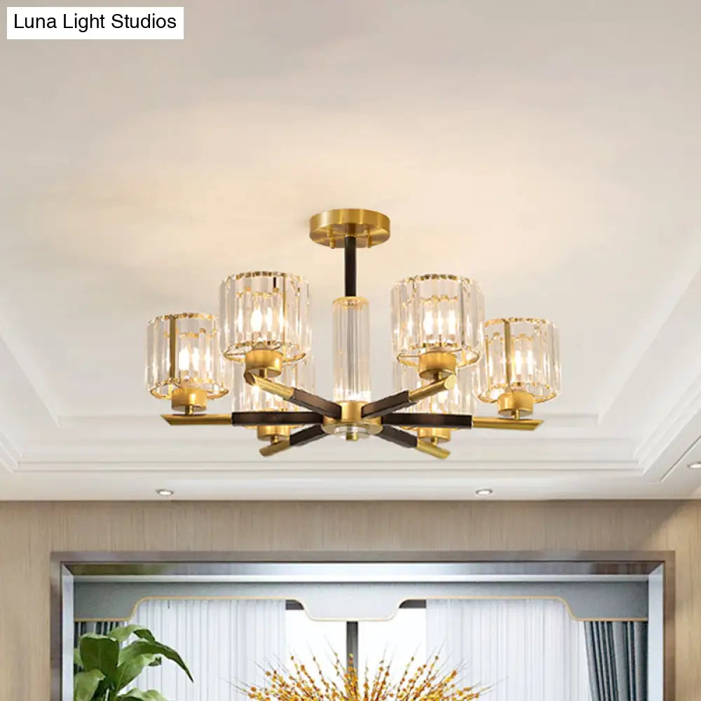 Crystal Block Ceiling Light With 3/6 Semi - Mounted Cylinder Lights In Black And Gold