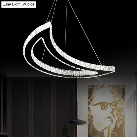 Simplistic Stainless-Steel Led Pendant Chandelier With Crystal Block Crescent Design In Warm/White