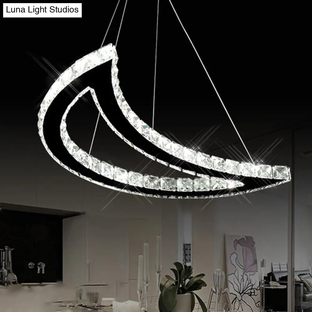 Crystal Block Crescent Ceiling Lamp: Simplicity Stainless-Steel Led Pendant Chandelier In