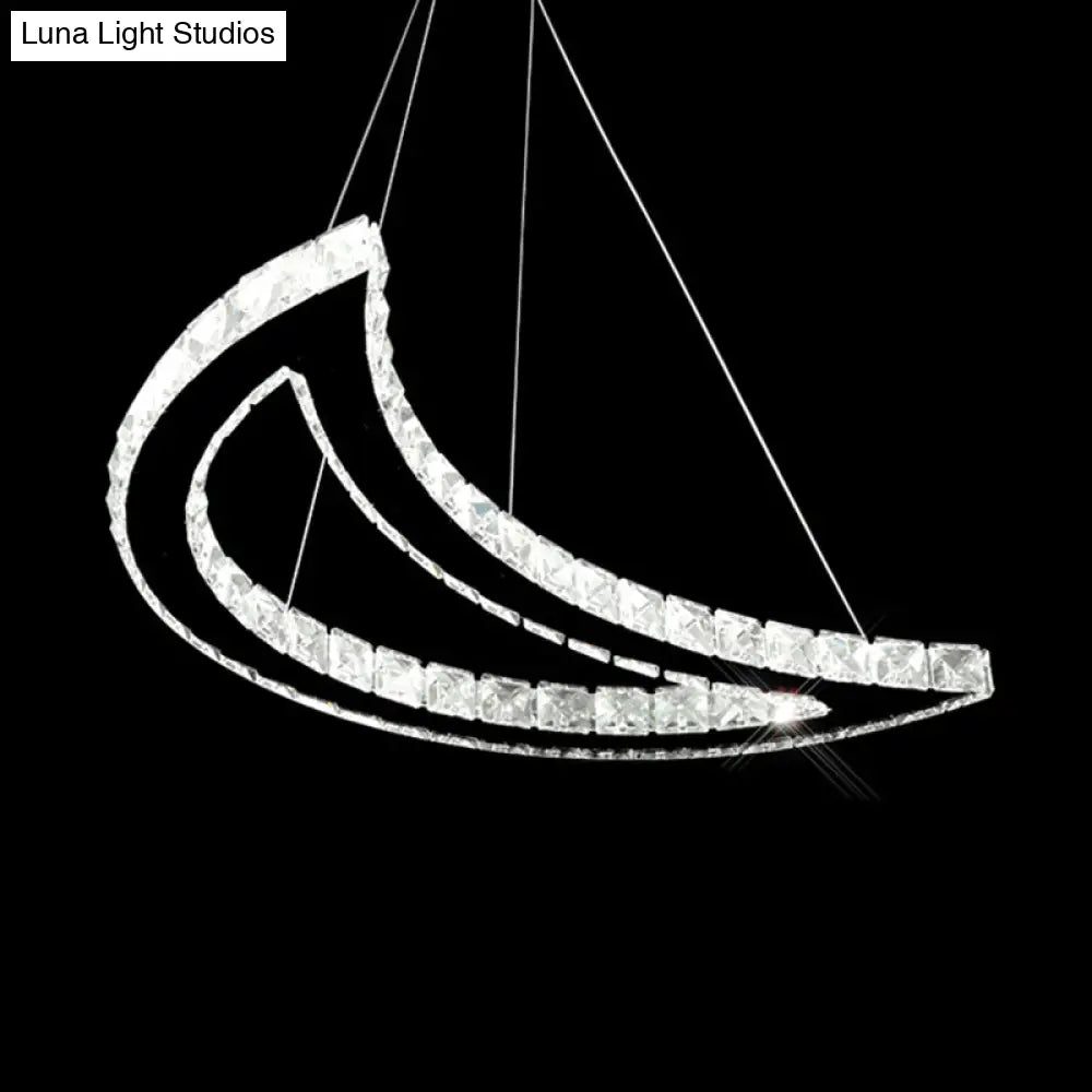 Simplistic Stainless-Steel Led Pendant Chandelier With Crystal Block Crescent Design In Warm/White