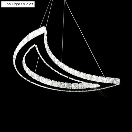 Simplistic Stainless-Steel Led Pendant Chandelier With Crystal Block Crescent Design In Warm/White