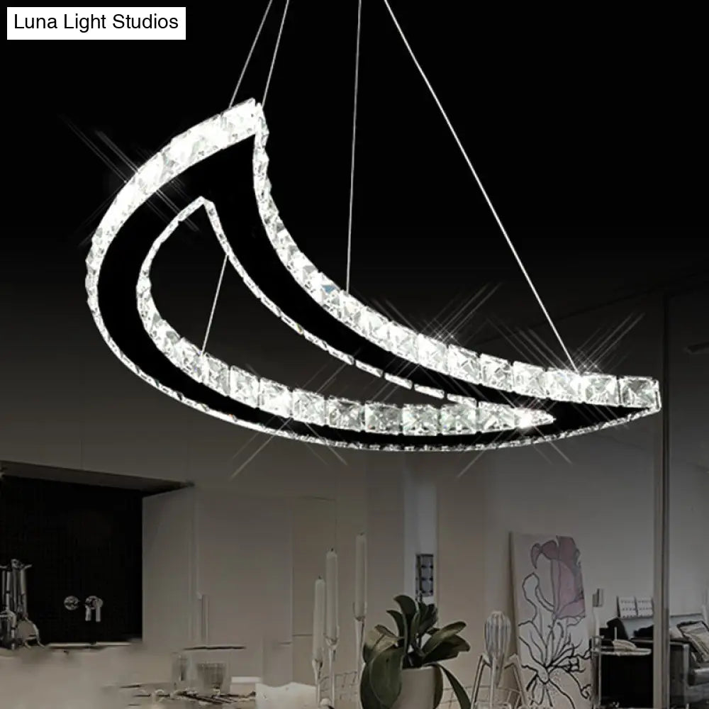 Simplistic Stainless-Steel Led Pendant Chandelier With Crystal Block Crescent Design In Warm/White