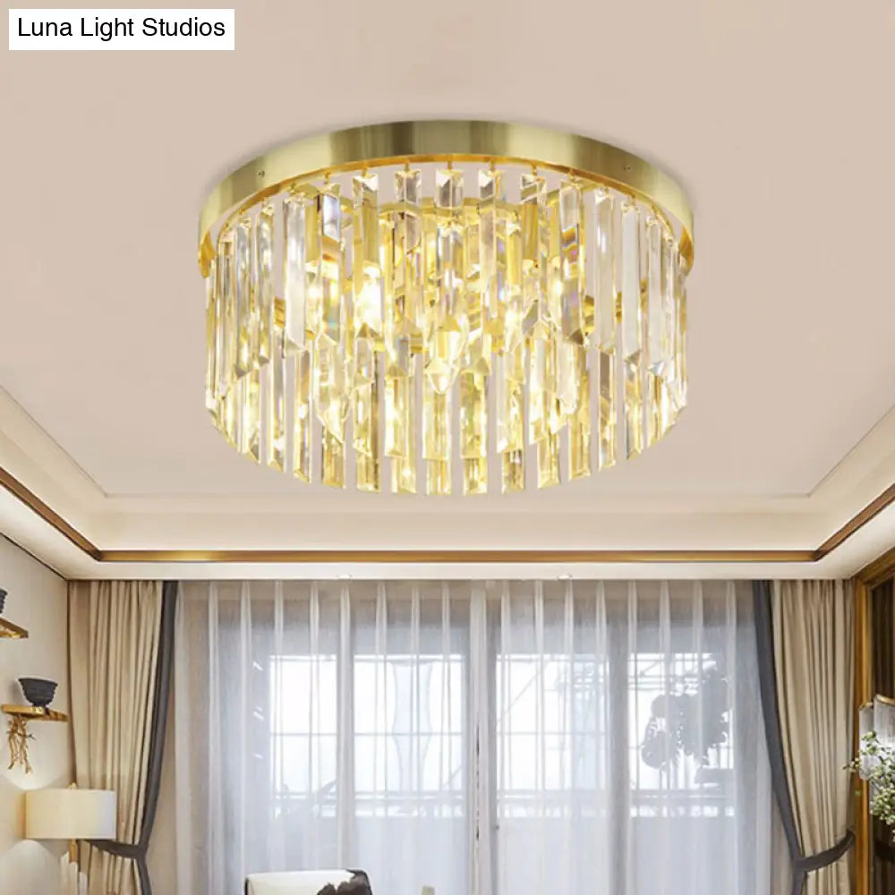 Crystal Block Flush Mount Lamp - Simplicity Brass Drum Guest Room Ceiling Light Fixture (6 Bulbs)