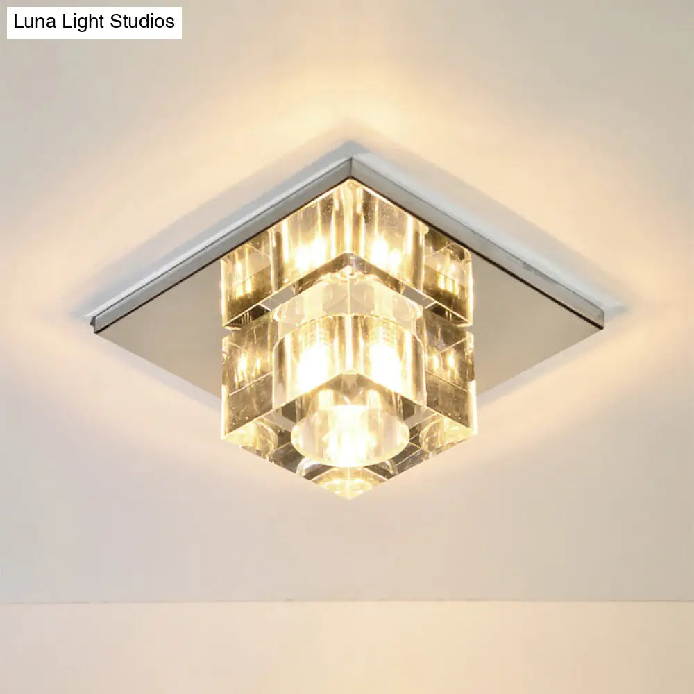 Crystal Block Led Ceiling Light - Stainless Steel Flush Mount Clear / Warm