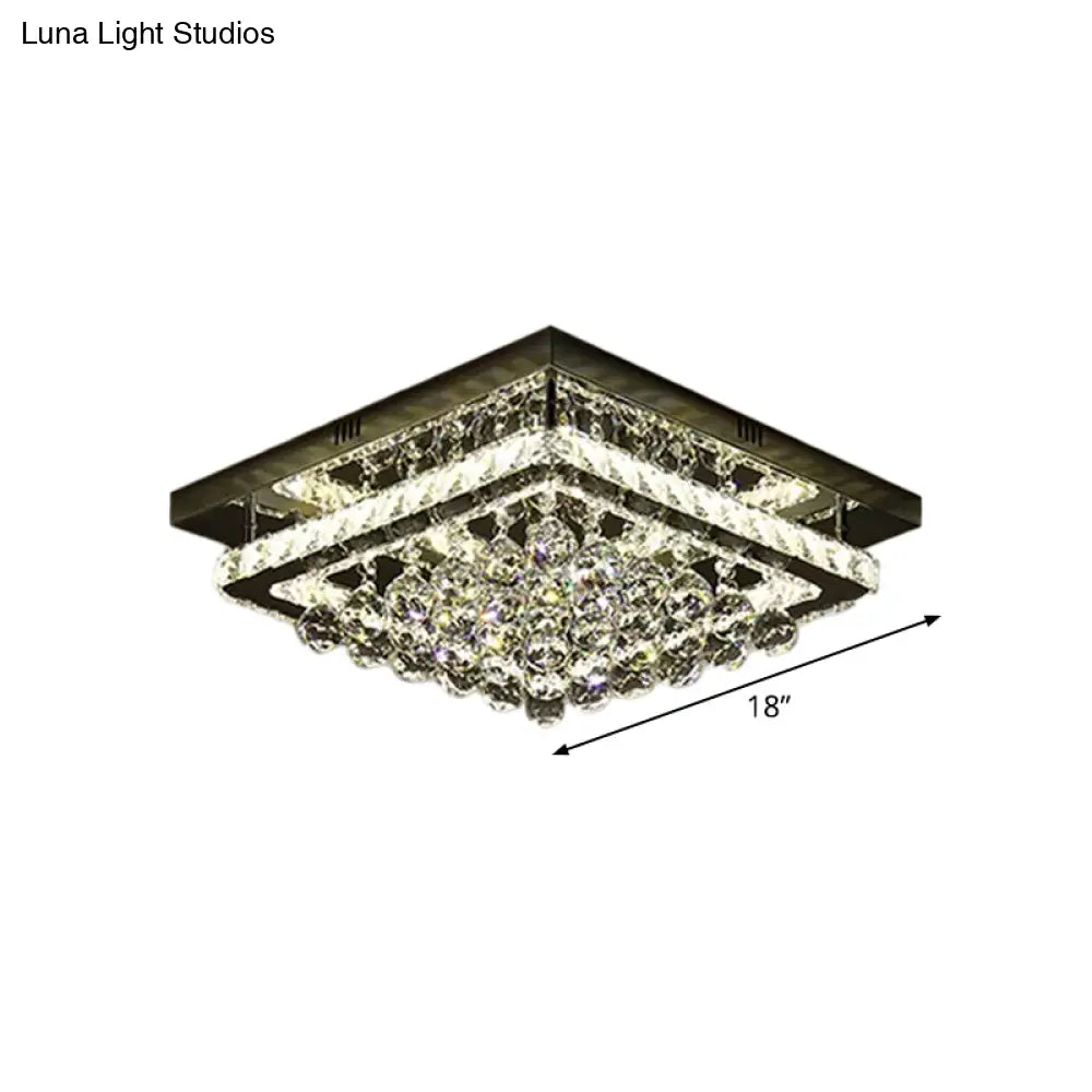 Crystal Block & Orb Led Semi Flush Ceiling Lamp - Sleek Chrome Finish For Bedroom