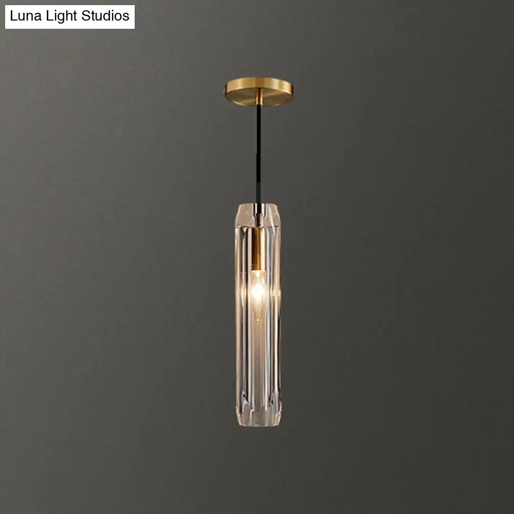 Modern Shaded Crystal Pendant Light - Simplicity Block Design Brass Ceiling Fixture / Cylinder