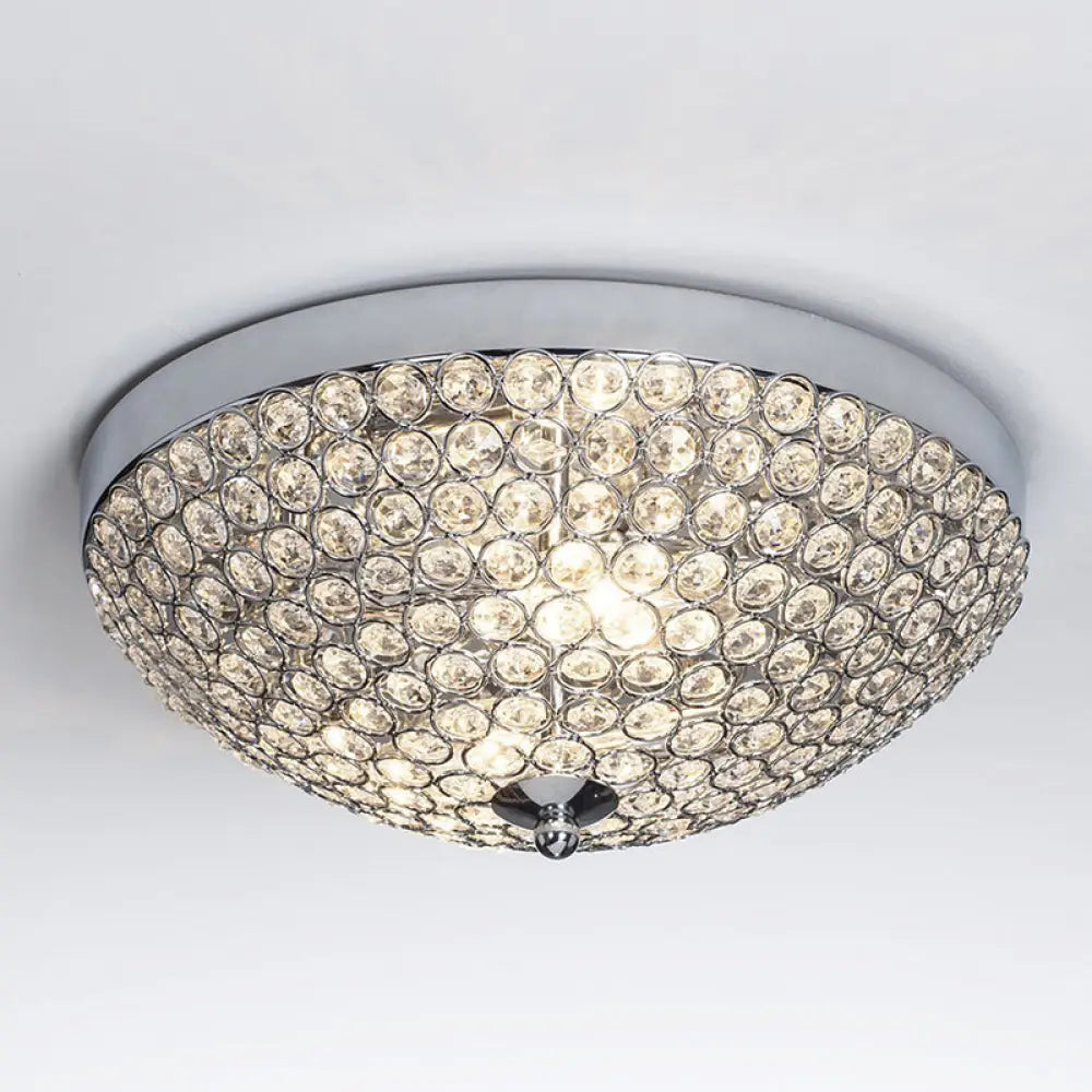 Crystal Bowl Flush Mount Ceiling Light Fixture For Elegant Dining Room - Chrome Finish