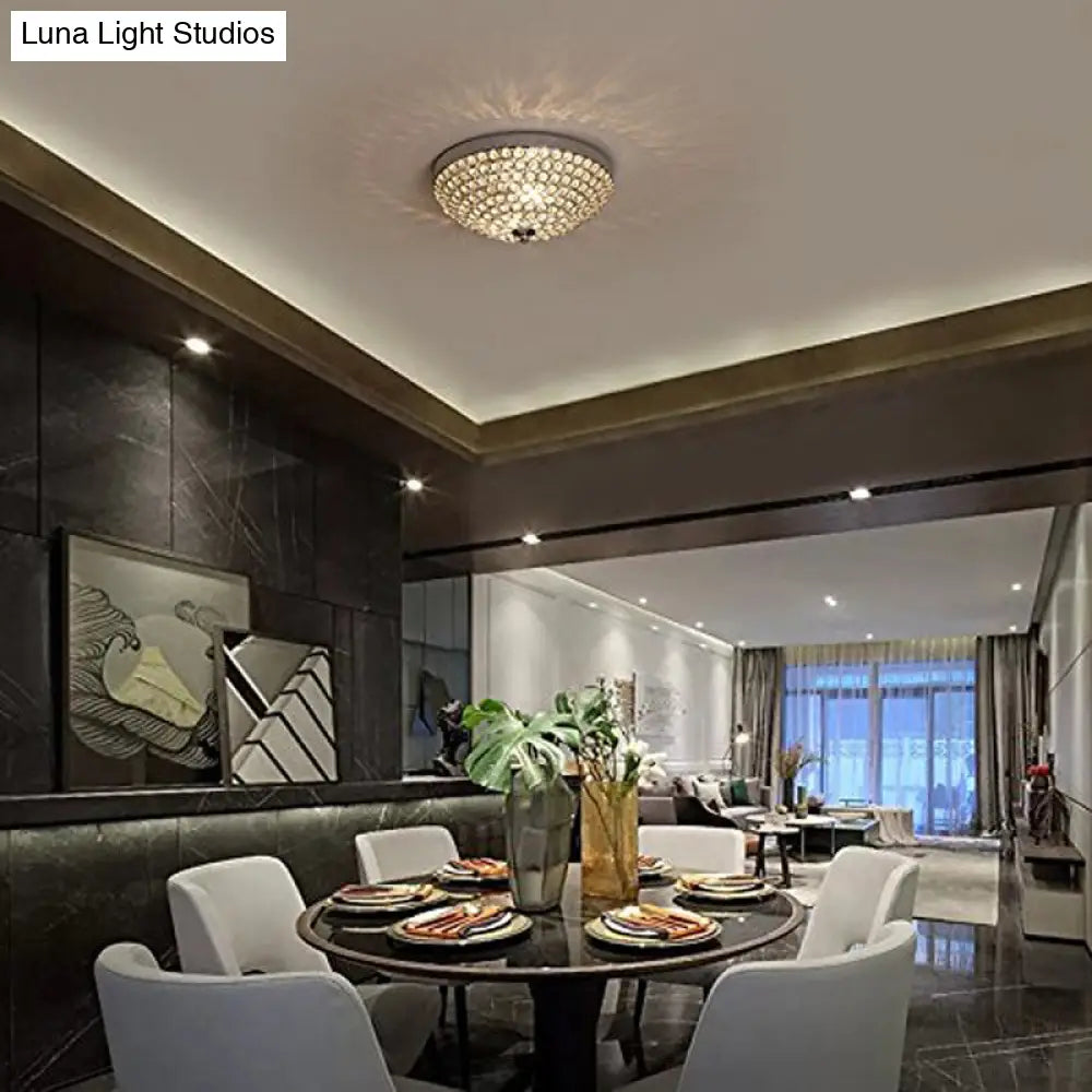 Crystal Bowl Flush Mount Ceiling Light Fixture For Elegant Dining Room - Chrome Finish