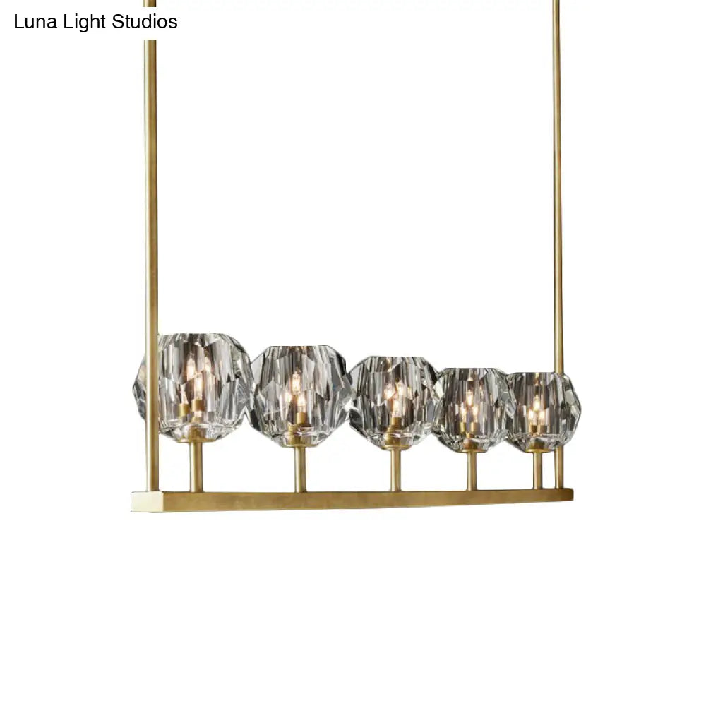 Crystal Brass Island Light With 5 Beveled Bulbs - Modern Ceiling Suspension Lamp