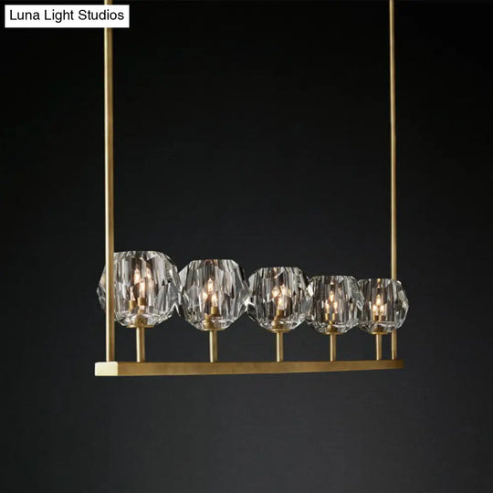 Crystal Brass Island Light With 5 Beveled Bulbs - Modern Ceiling Suspension Lamp