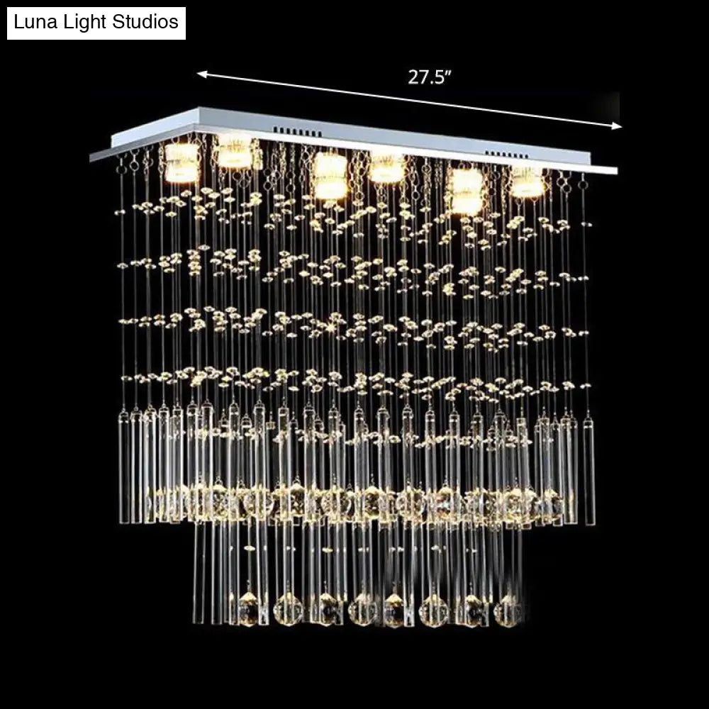 Crystal Cascade Flush Light Simple 6-Light Nickel Fixture - Perfect For Restaurants