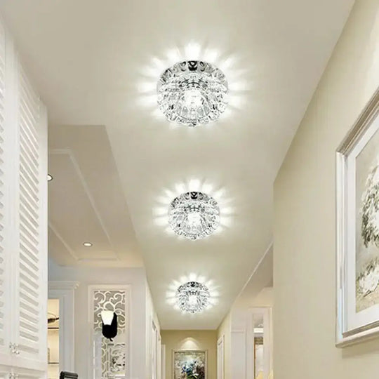 Crystal Ceiling Mount Led Lamp - Modern Chrome Flush Lighting For Hallway / White