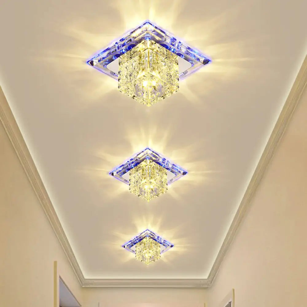 Crystal Clear Led Flush Ceiling Light Fixture For Corridor - Artistic Square Design / 5.5’ Blue
