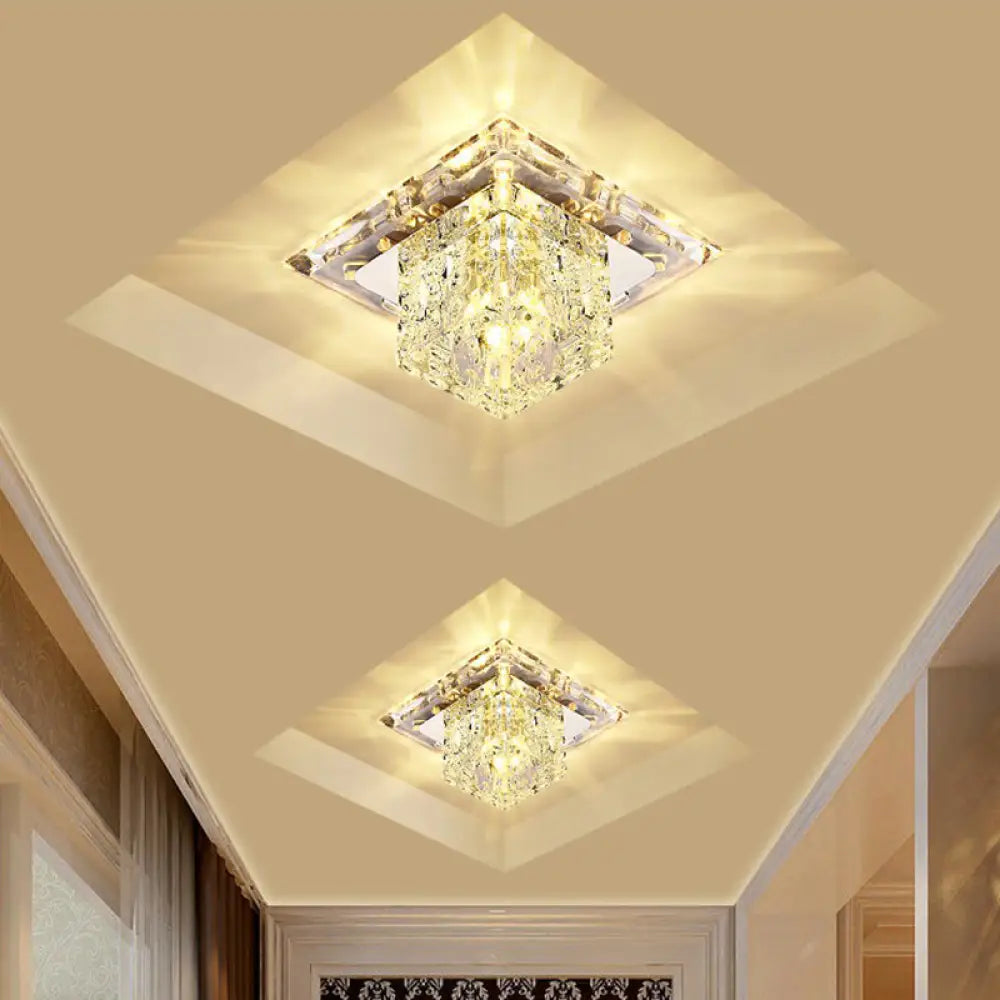 Crystal Clear Led Flush Ceiling Light Fixture For Corridor - Artistic Square Design / 5.5’ Warm