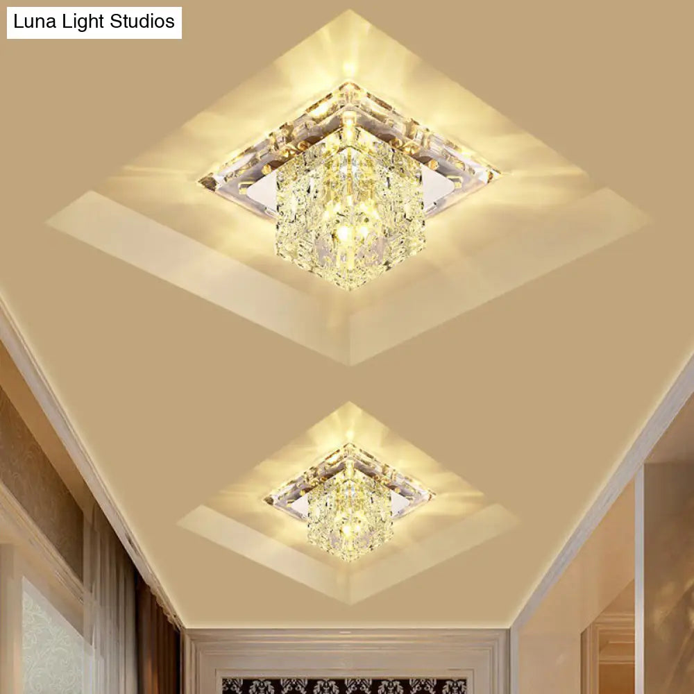 Crystal Clear Led Flush Ceiling Light Fixture For Corridor - Artistic Square Design / 5.5 Warm