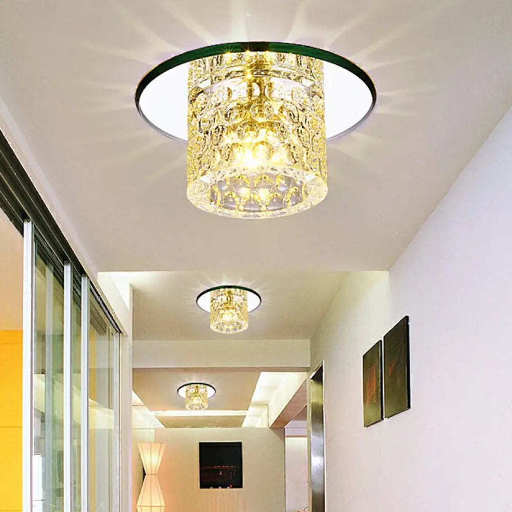 Crystal Clear Led Flush Ceiling Light For Corridor - Sleek Cylindrical Design With Dimpled