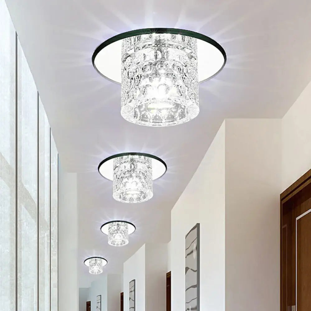 Crystal Clear Led Flush Ceiling Light For Corridor - Sleek Cylindrical Design With Dimpled