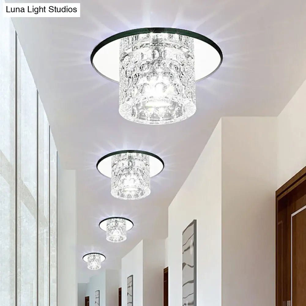 Crystal Clear Led Flush Ceiling Light For Corridor - Sleek Cylindrical Design With Dimpled