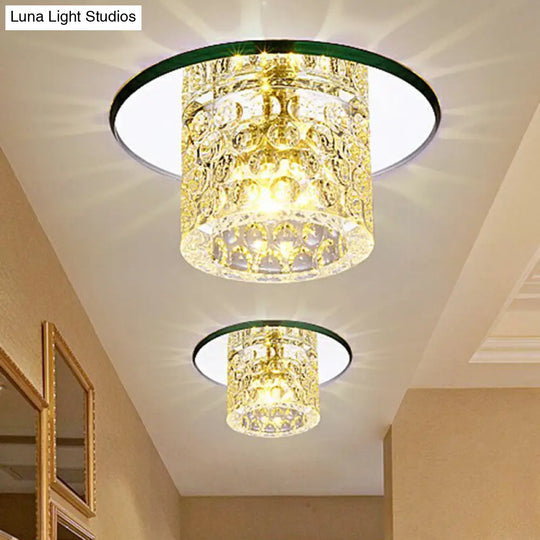 Crystal Clear Led Flush Ceiling Light For Corridor - Sleek Cylindrical Design With Dimpled