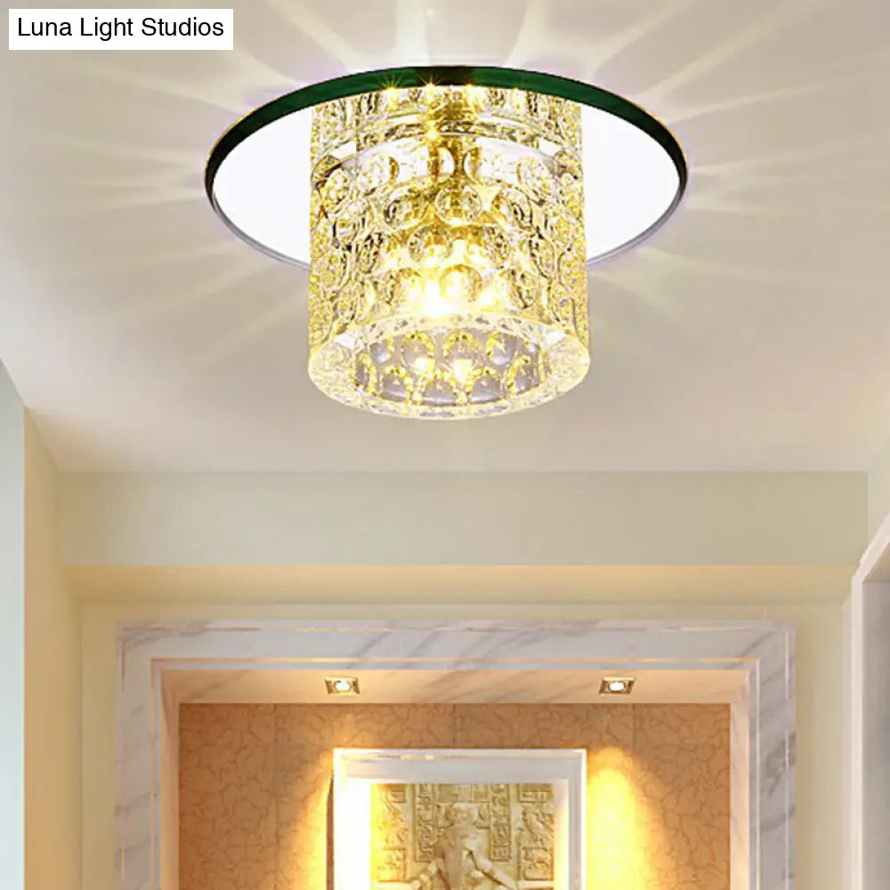 Crystal Clear Led Flush Ceiling Light For Corridor - Sleek Cylindrical Design With Dimpled