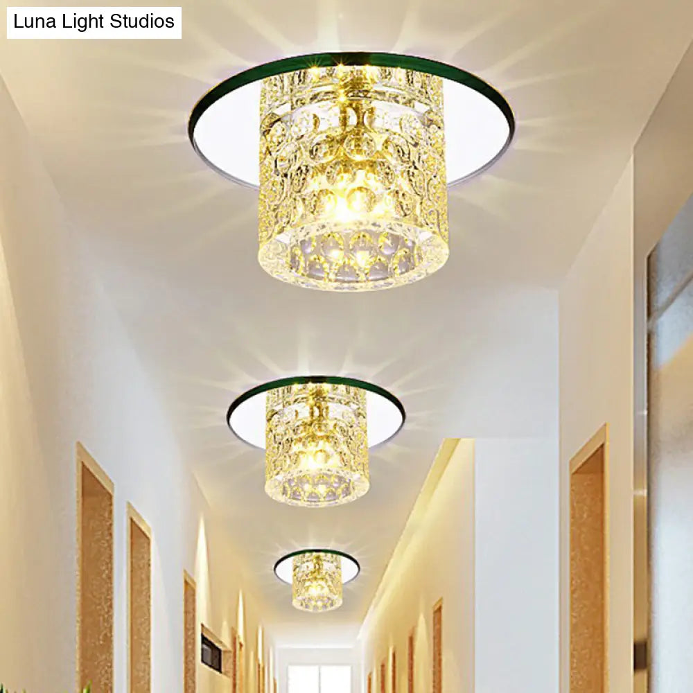 Crystal Clear Led Flush Ceiling Light For Corridor - Sleek Cylindrical Design With Dimpled