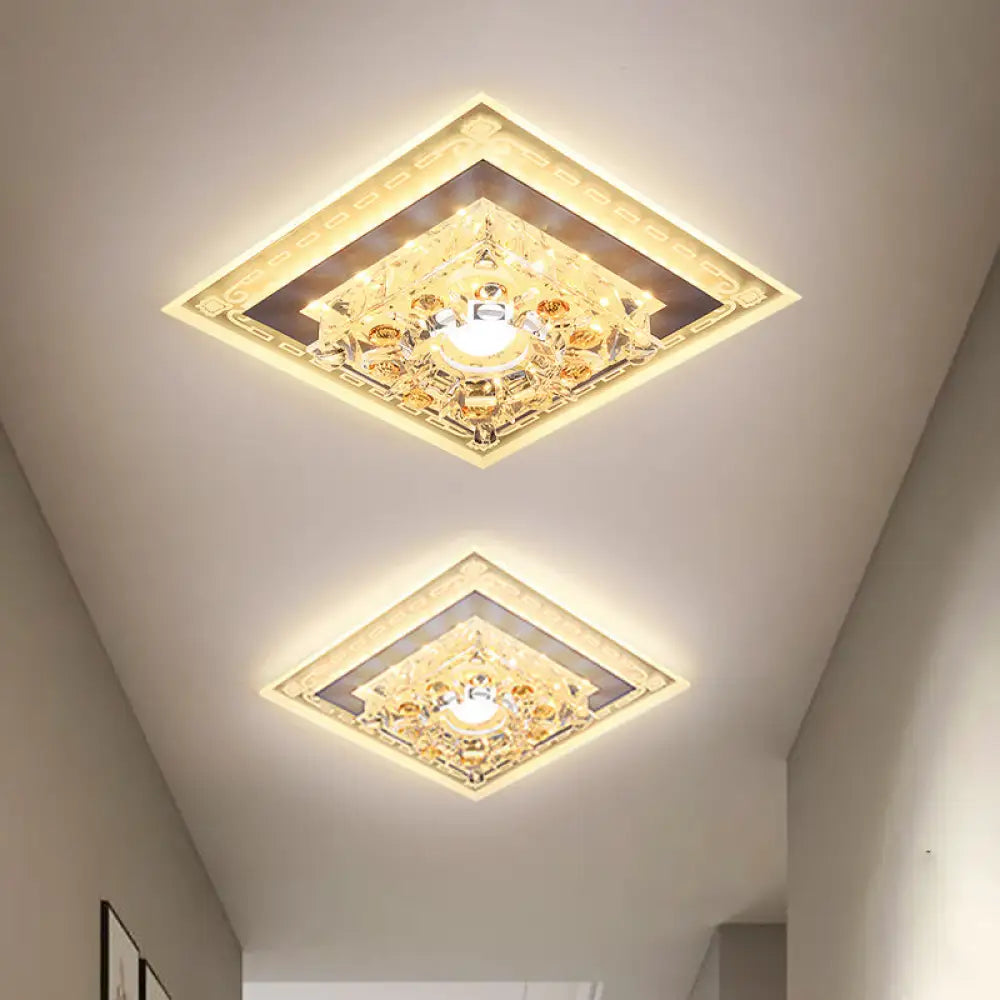 Crystal Clear Led Foyer Ceiling Light With Minimalist Pattern Edge And Square/Polygon Flush Mount /