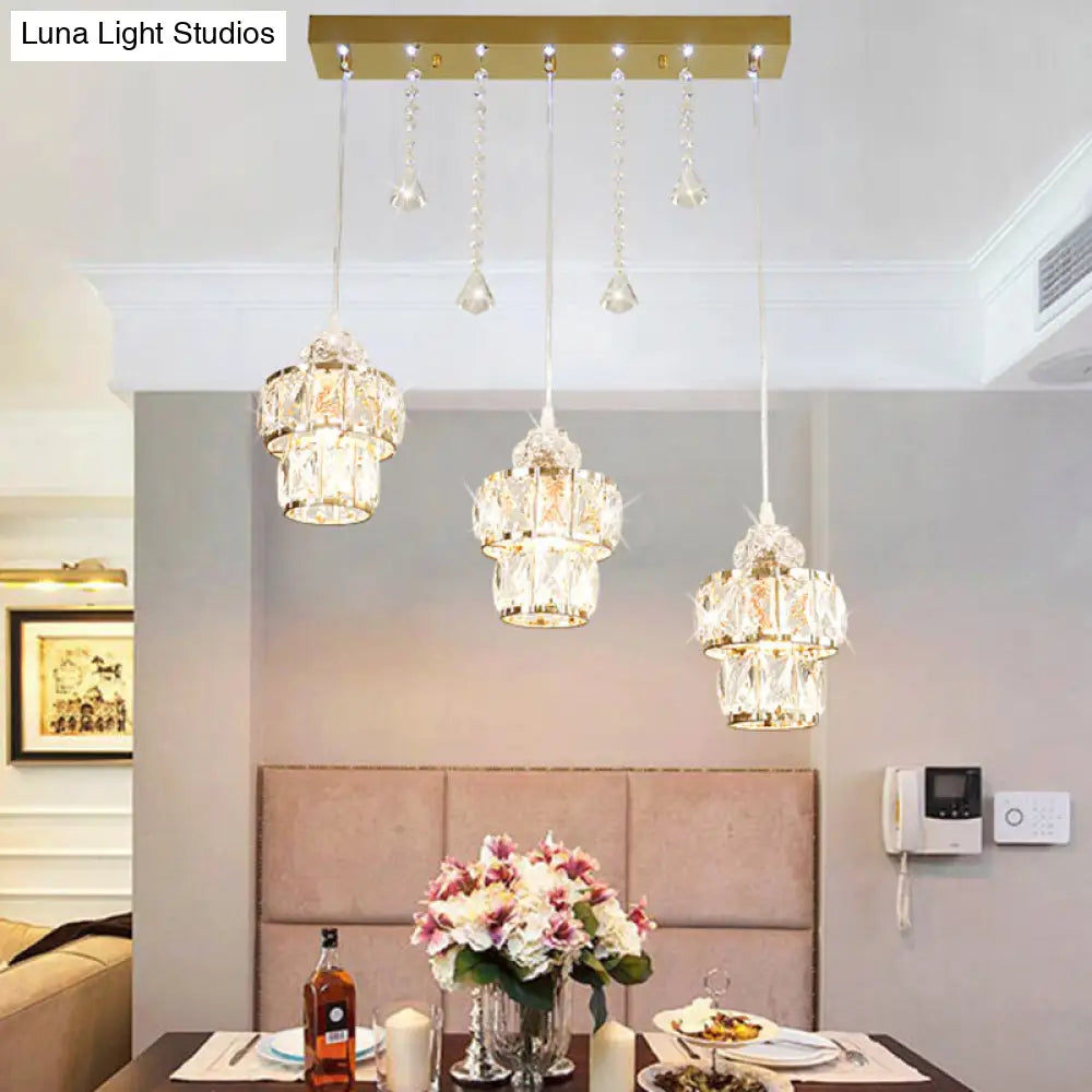 Gold Modern Crystal Pendant Light With Jar Cluster Design - 3 Lights For Corridors