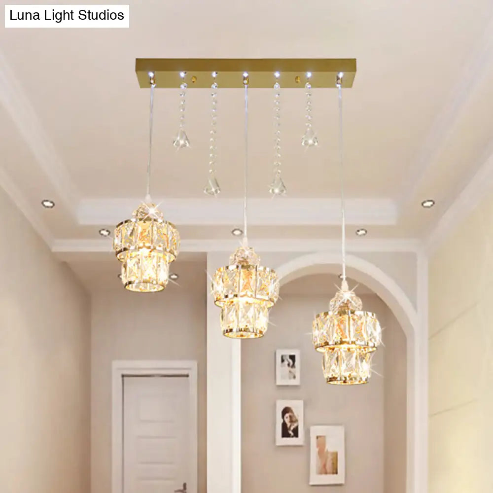 Gold Modern Crystal Pendant Light With Jar Cluster Design - 3 Lights For Corridors