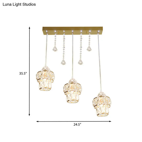 Gold Modern Crystal Pendant Light With Jar Cluster Design - 3 Lights For Corridors