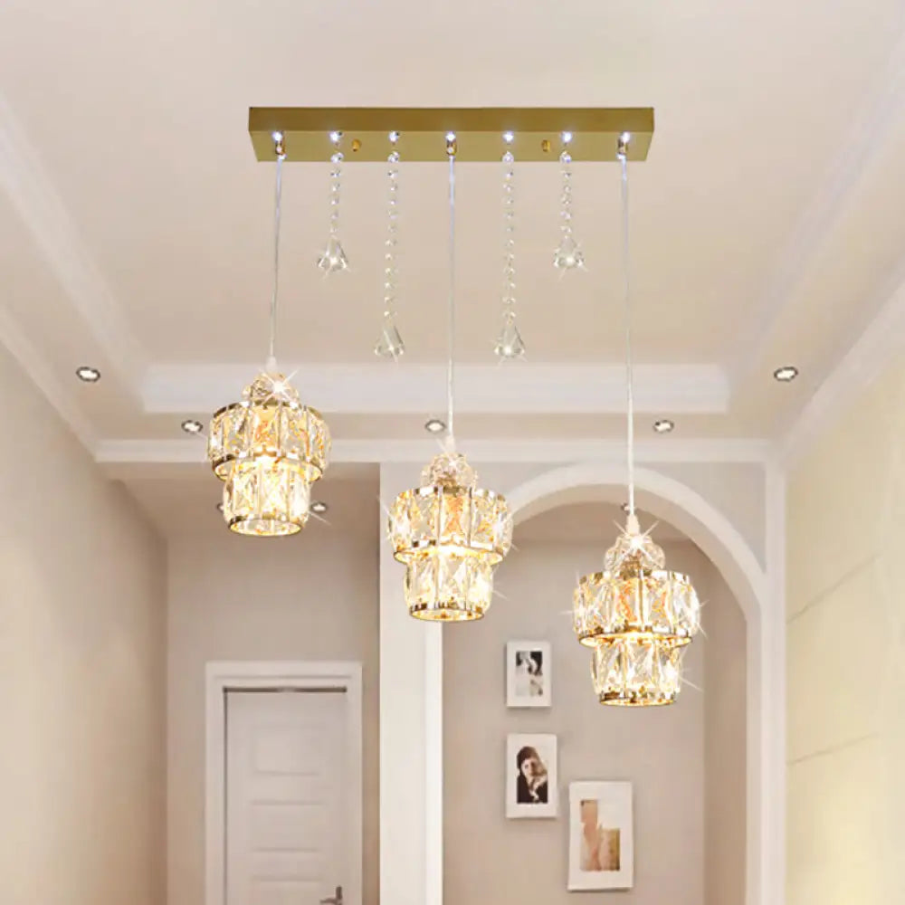 Crystal Cluster Pendant Light In Gold - 3 Lights Modern Design For Corridors