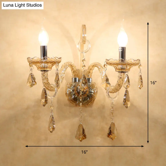 Crystal Cognac Candle Wall Sconce With Curved Glass Arm For Living Room Antique 2 Bulbs