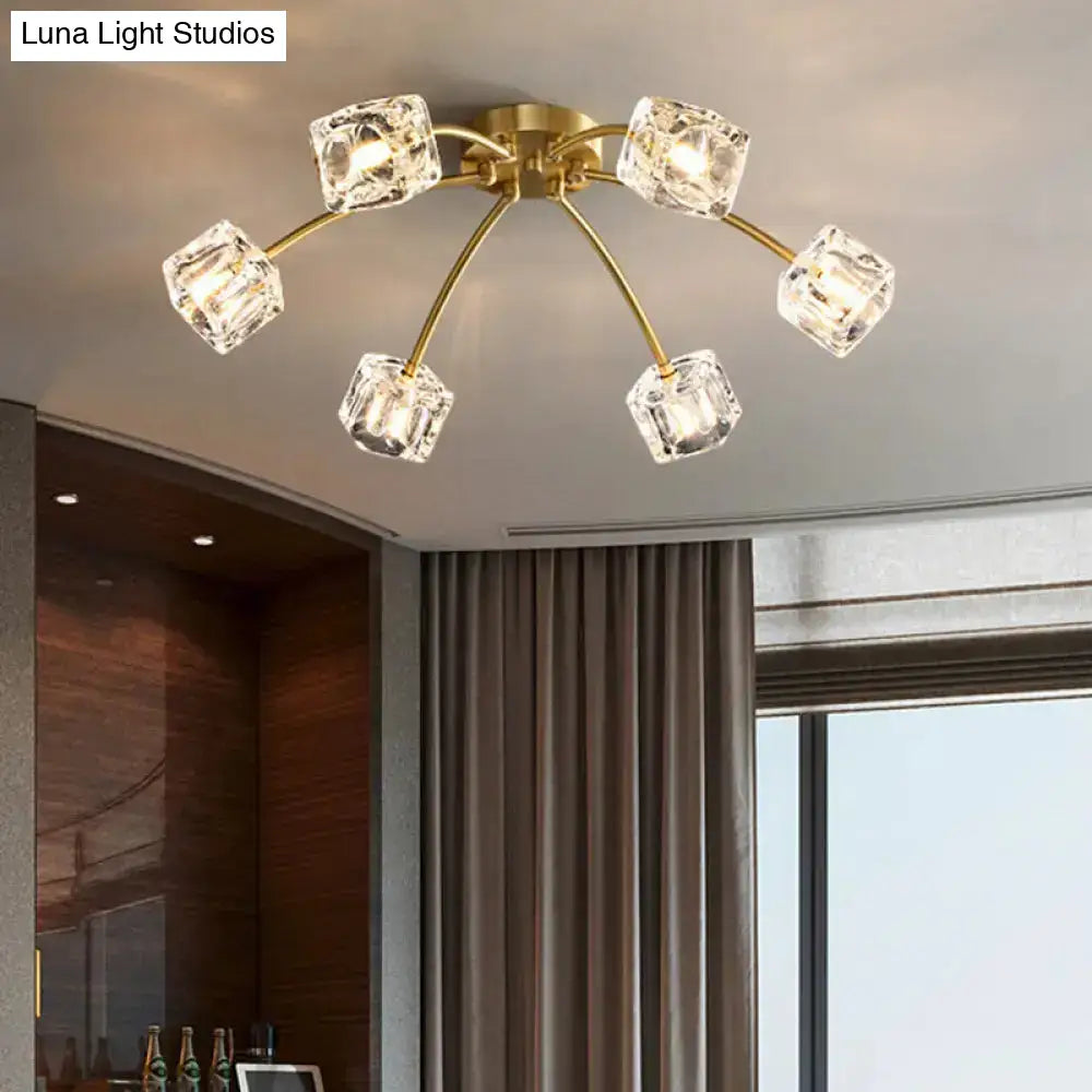 Crystal Cube Ceiling Mount Light With Starburst Design - 6/10 Heads Semi Flush For Living Room