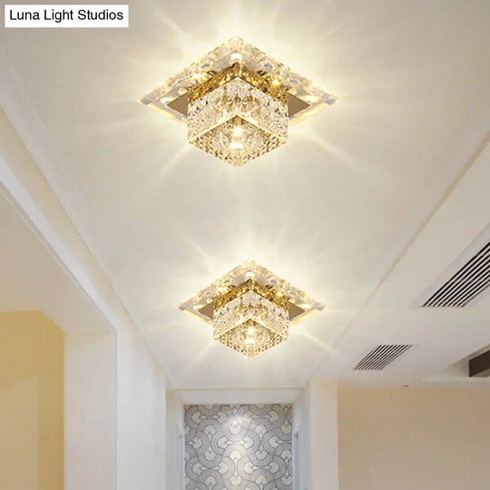 Crystal Cube Led Ceiling Light For Hallway - Simple Flush Mount Design Clear