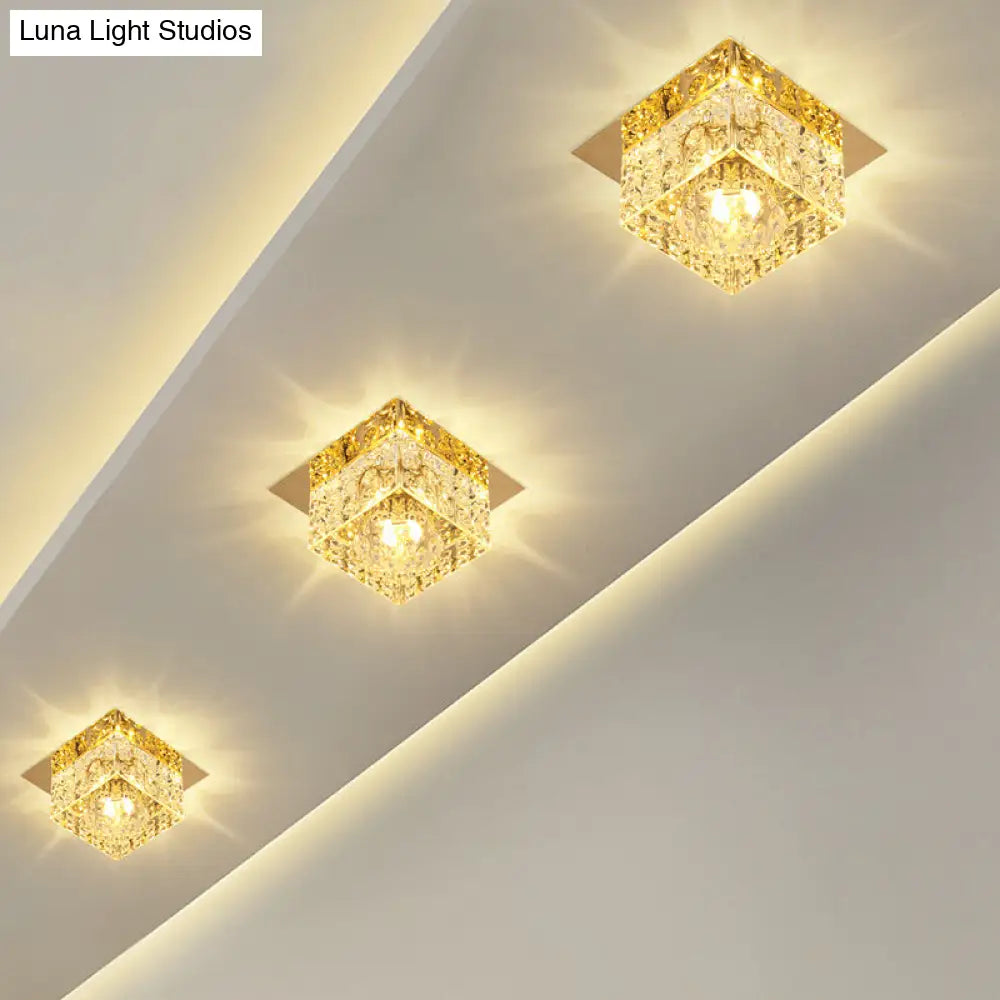 Crystal Cube Led Ceiling Light For Hallway - Simple Flush Mount Design