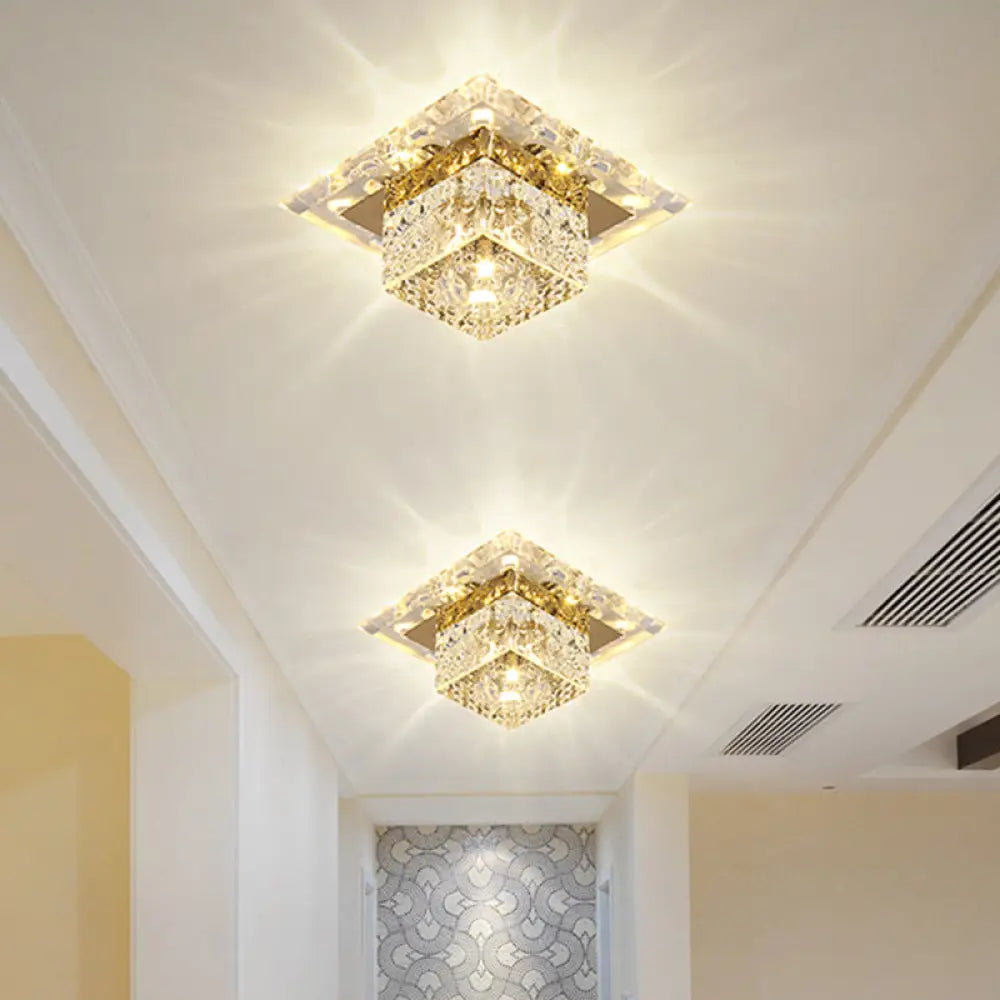 Crystal Cube Led Ceiling Light For Hallway - Simple Flush Mount Design Clear
